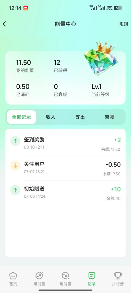 能量中心记录页:汇总与收支明细