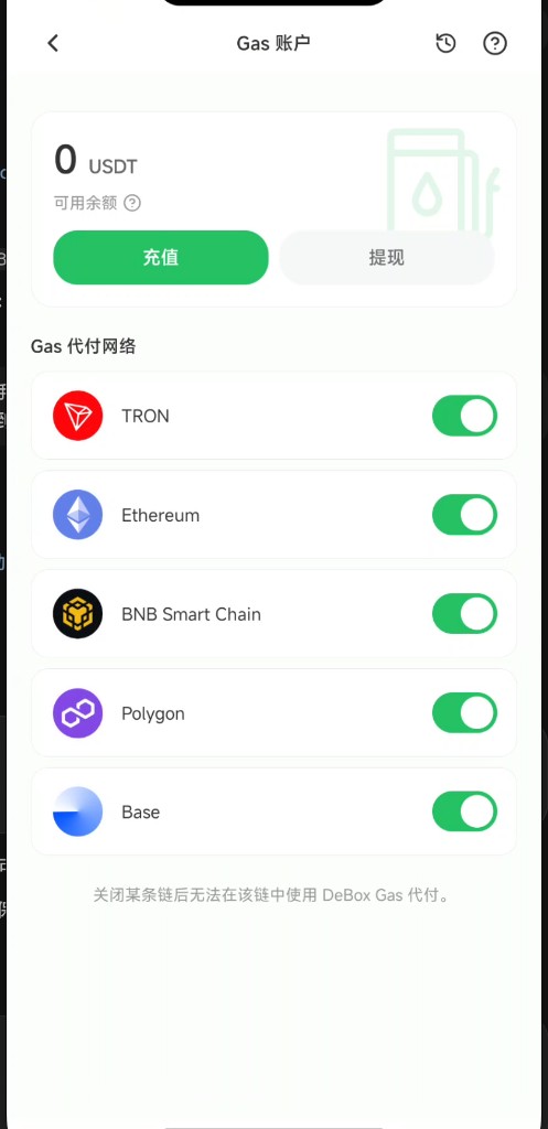 万能Gas 首页：可用余额、充值提现与代付网络开关