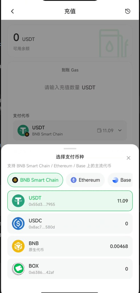 充值页选择 BNB Smart Chain 上的 USDT 作为支付代币