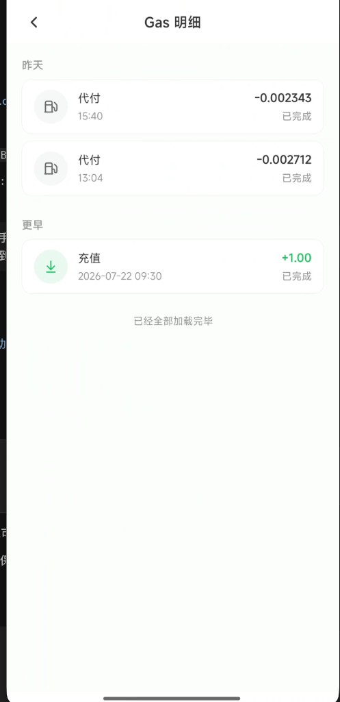 Gas 明细中的充值与代付记录