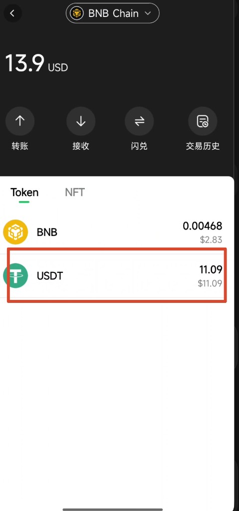 资产页 Token 列表显示 USDT 与 BNB 余额