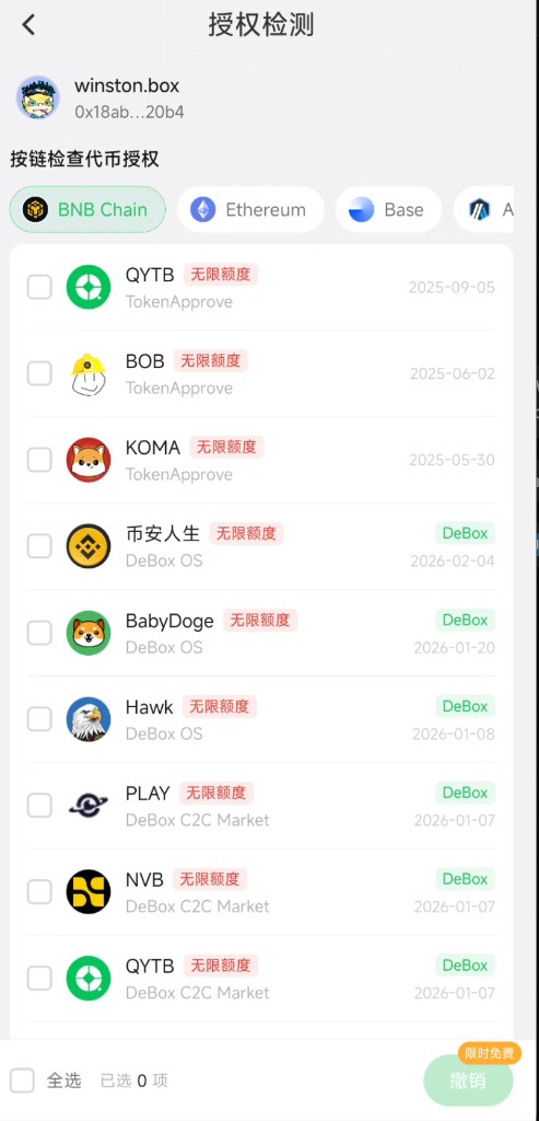 授权检测页按 BNB Chain 列出无限额度授权
