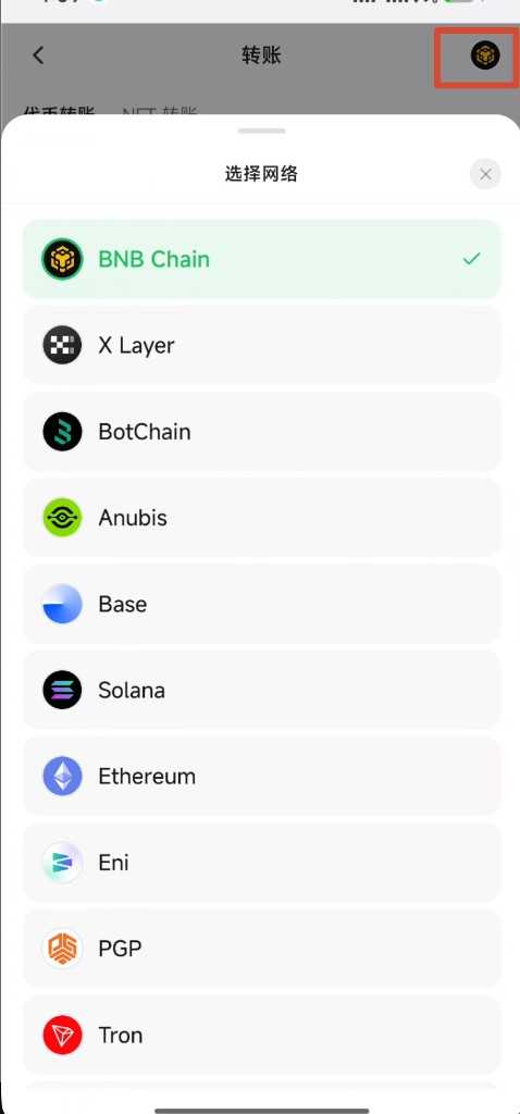 转账页选择网络弹层中选中 BNB Chain